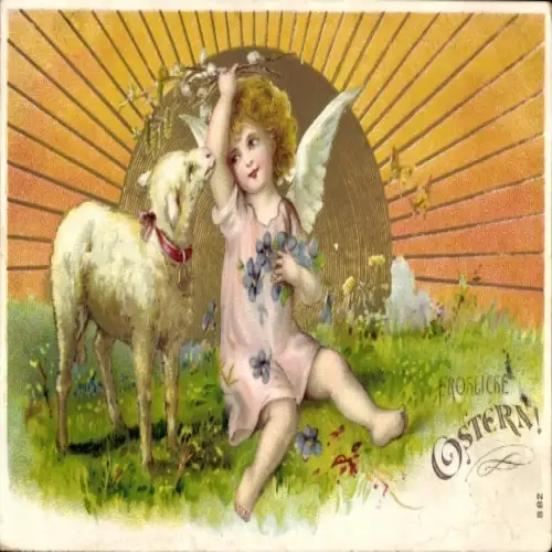 Ak Frohe Ostern, Osterlamm mit Engel