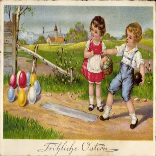 Ak Frohe Ostern, Kinder kegeln mit Eiern