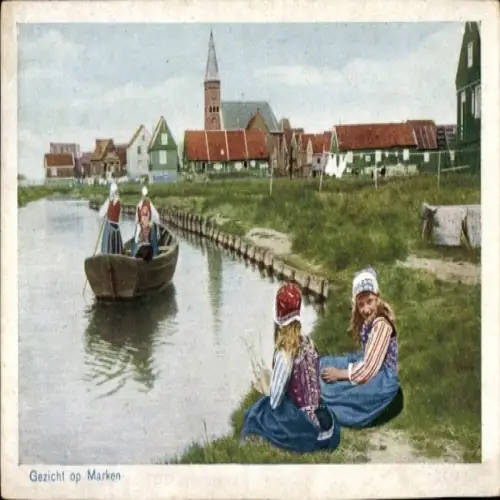 Ak Marken Nordholland Niederlande, Mädchen in Tracht, Kanalpartie, Kirche