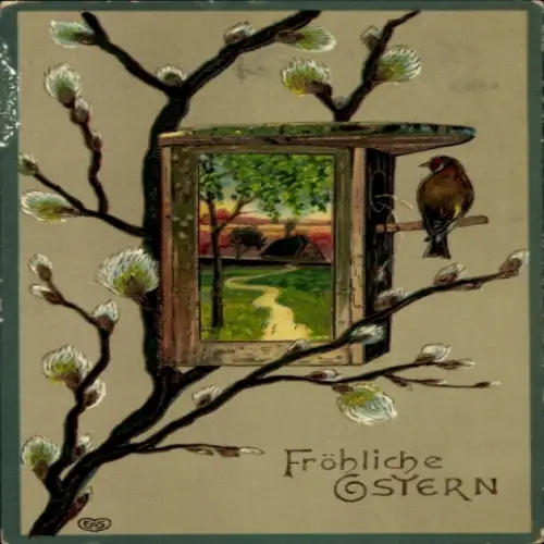 Ak Frohe Ostern, bemaltes Vogelhaus, Weidenkätzchen