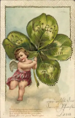 Präge Glitzer Ak Frohes Neujahr, Engel mit Kleeblatt