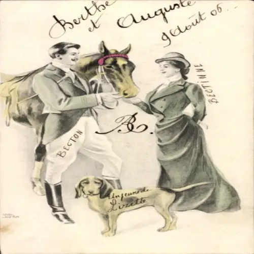 Künstler Ak Reiter mit Dame, Hund