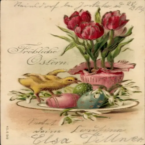 Glitzer Ak Fröhliche Ostern, Küken, Ostereier, Tulpen