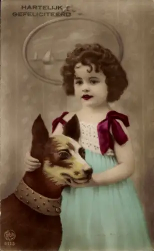 Präge Ak Herzliche Glückwünsche, Mädchen mit Hund, Portrait