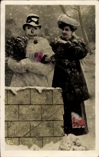 Ak Frohes Neujahr, Schneemann nebst Frau
