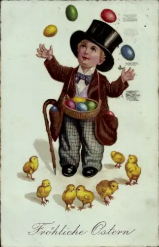 Ak Frohe Ostern, Küken, Kind jongliert Ostereier
