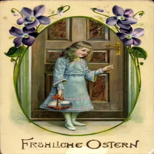 Passepartout Ak Fröhliche Ostern, Mädchen mit Osterkorb