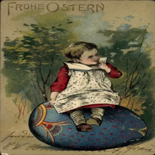 Präge Ak Frohe Ostern, Mädchen auf Osterei sitzend