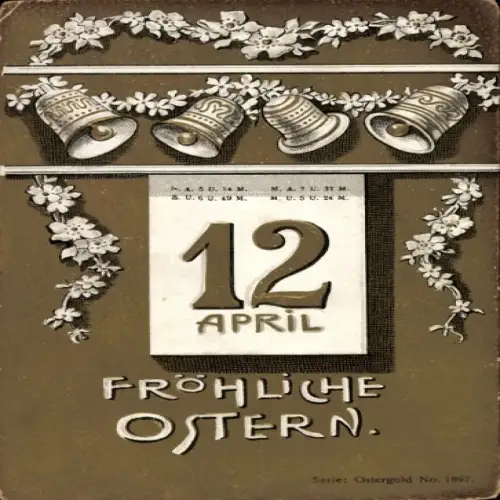 Präge Litho Glückwunsch Ostern, Kalender, Glocken, Blumen