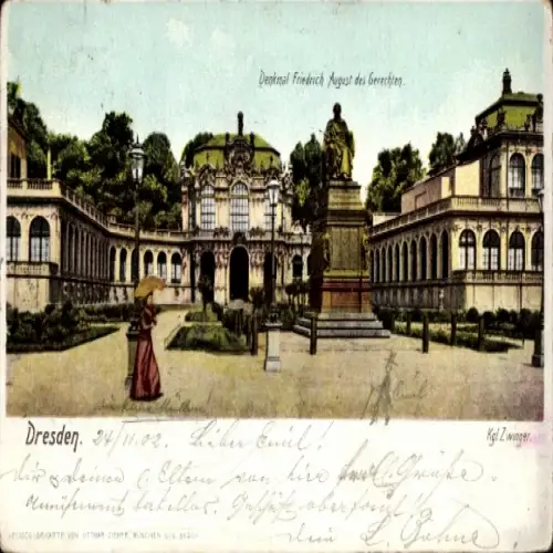 Ak Dresden Altstadt, Denkmal Friedrich August, Kgl. Zwinger, Dame mit Sonnenschirm