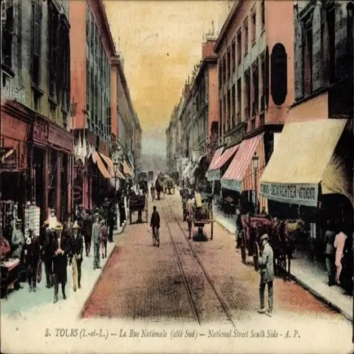 Ak Tours Indre et Loire, Blick auf die Rue Nationale, belebte Straße, Pferdefuhrwerke, Geschäfte