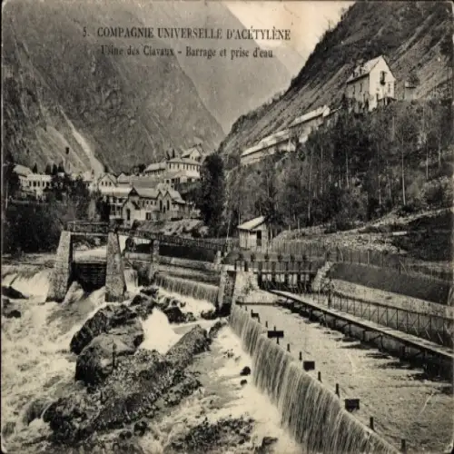 Ak Les Clavaux Allier, Compagnie universelle d'Acétylène, barrage et prise d'eau