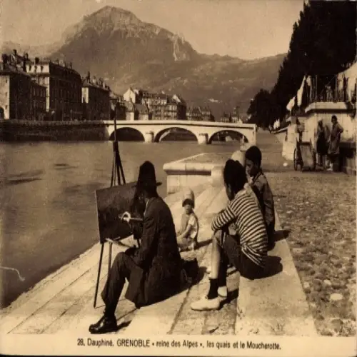 Ak Grenoble Isère, Künstler malt am Fluss, Gebirge im Hintergrund, Kinder beobachten, alte Archit