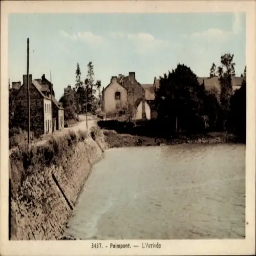 Ak Paimpont Ille et Vilaine, Fleckige Häuser, Wasserweg, Bäume im Hintergrund