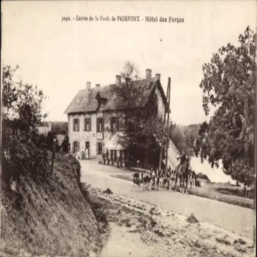 Ak Paimpont Ille et Vilaine, Hôtel des Forces, Eingangsbereich zur Forêt de  Hunde, Reiter