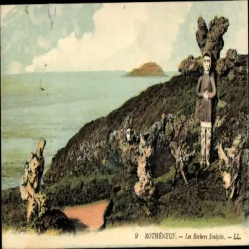Ak Rothéneuf Ille-et-Vilaine, Felsformationen, Skulpturen, Meer, Himmel