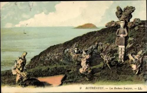 Ak Rothéneuf Ille-et-Vilaine, Felsformationen, Skulpturen, Meer, Himmel