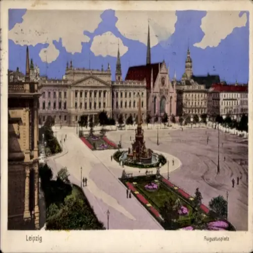 Ak Leipzig, Augustusplatz,  Gebäude, Brunnen, Bäume, blauer Himmel