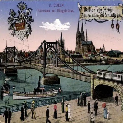 Ak Köln am Rhein, Panorama mit Hängebrücke, Rhein, Dom von  Schiffe