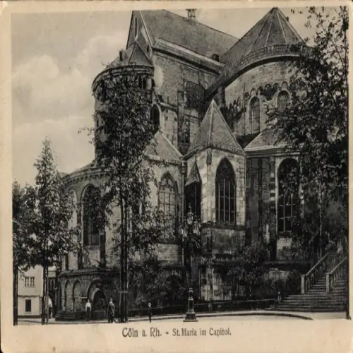Ak Köln am Rhein, St. Maria im Capitol,  Architektur, Bäume, Schwarz-Weiß-Foto