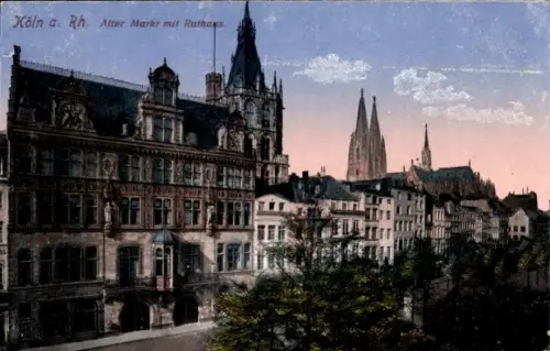 Ak Köln am Rhein, Alter Markt, Rathaus,  Architektur, Abenddämmerung, Stadtansicht