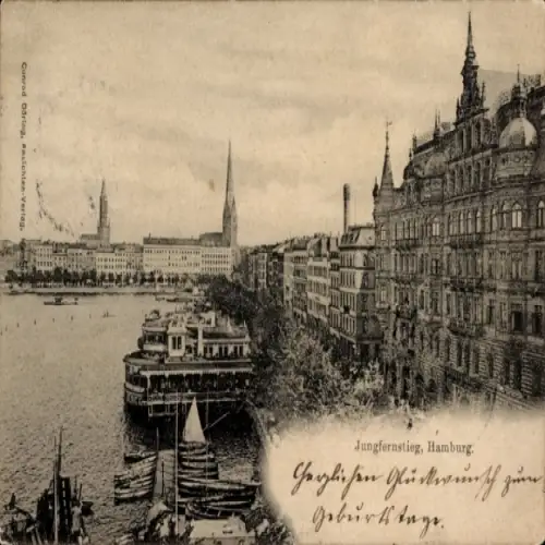 Ak Hamburg Mitte Neustadt, Hauptpost, Oberpostdirektion, Jungfernstieg,  Schiff, Stadtansicht, Ha
