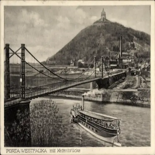 Ak Porta Westfalica an der Weser, Brücke, Fluss, Dampfschiff, Industriegebäude, Hügel, Aussichtst
