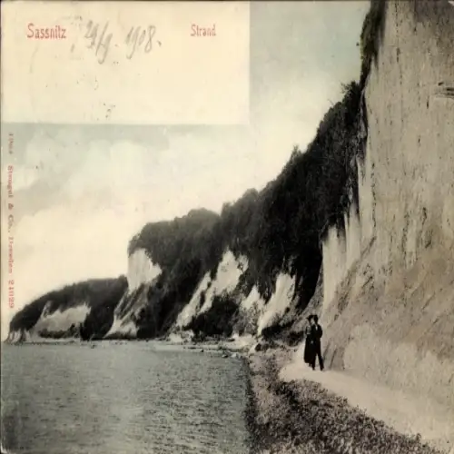 Ak Sassnitz auf Rügen, Küstenlandschaft, Strand, Felsen, Spaziergang, 1908