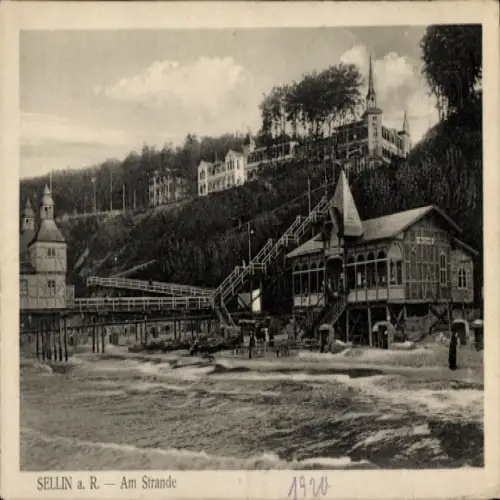 Ak Ostseebad Sellin auf Rügen, Seebad  Strandpromenade, Bauten am Hang, 1920