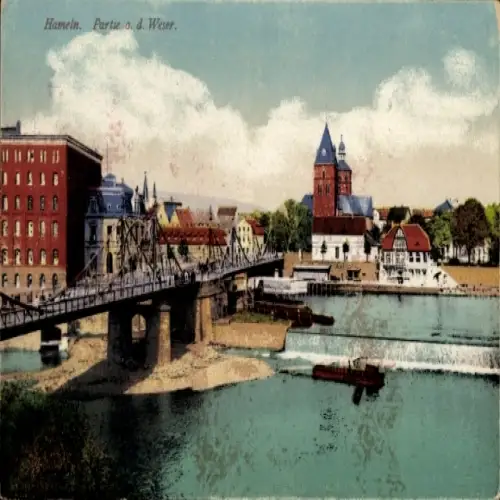Ak Hameln an der Weser Niedersachsen, Brücke über die Weser, Altstadt, Wasser, Türme