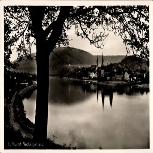Ak Neckargemünd am Neckar, Luftkurort  Landschaft mit Fluss und Kirche, Schwarz-Weiß Bild