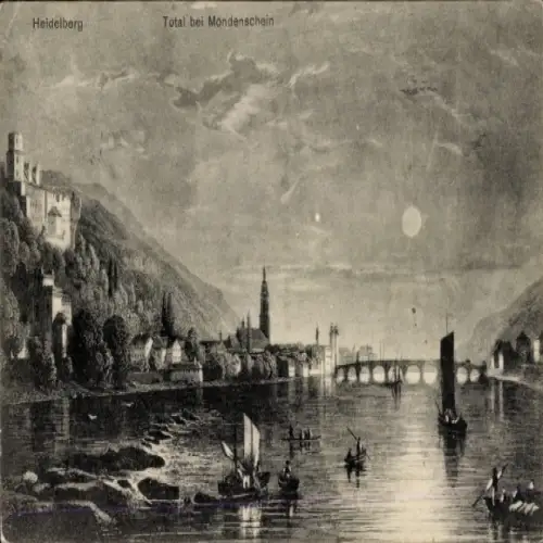 Ak Heidelberg am Neckar, Heidelberg bei Mondschein, Stadtansicht mit Brücke und Booten