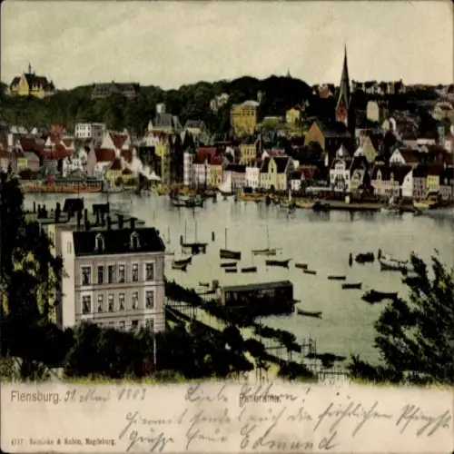 Ak Flensburg in Schleswig Holstein, Panorama von  Hafen mit Booten, Häuser, 1903