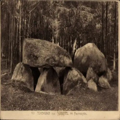 Ak Südbostel Oberndorfmark Osterheide im Heidekreis, Münengrab, große Steine, Wald, monochrom,  A