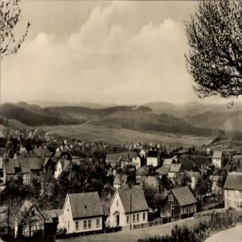 Ak Altenberg im Erzgebirge, Landschaft mit Häusern, Hügel im Hintergrund, Schwarz-Weiß-Fotografie