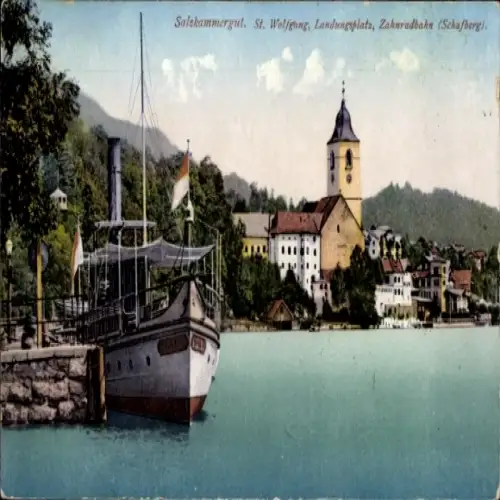 Ak St. Wolfgang am Wolfgangsee Oberösterreich, Schiff am Ufer, Kirche, Schafberg-Zahnradbahn, Nat