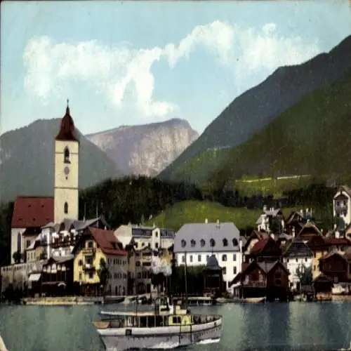 Ak St. Wolfgang im Salzkammergut Oberösterreich, Stadtblick mit Schafberg