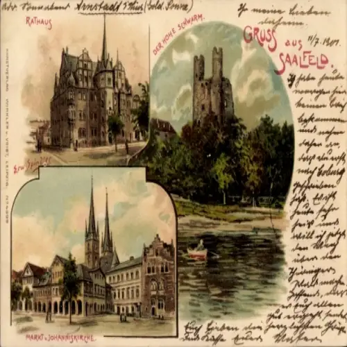 Ak Saalfeld an der Saale Thüringen, Rathaus, Markt Johanniskirche, Der Hohe Schwarm, Gruß aus Saa