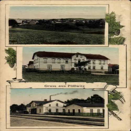 Ak Pöllwitz Zeulenroda in Thüringen, Gesamtansicht, Gasthaus, Bahnhof