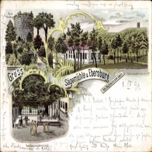 Litho Buchholz Nordhausen am Harz, Ruine, Sägermühle, Ebersburg, jahrhunderte alte Linde