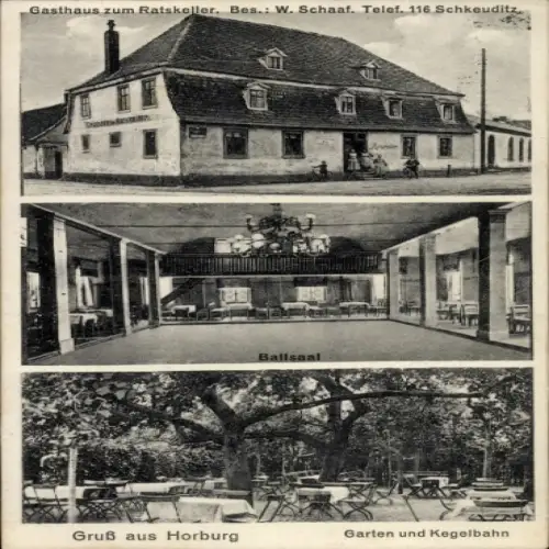 Ak Schkeuditz in Sachsen, Gasthaus zum Ratskeller, Ballsaal, Garten und Kegelbahn