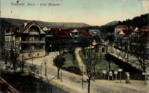 Ak Bad Suderode Quedlinburg im Harz, Fachwerkhäuser, Hotel Michaelis, Parkanlage