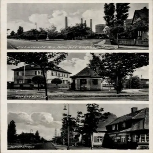 Ak Zschornewitz Gräfenhainichen in Sachsen Anhalt, Dorfstraße, Ringweg, Post, Bahnhof, Hauptstraße
