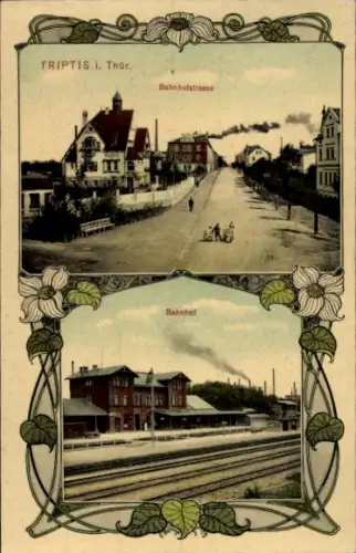 Passepartout Ak Triptis in Thüringen, Bahnhofstraße, Bahnhof Gleisseite
