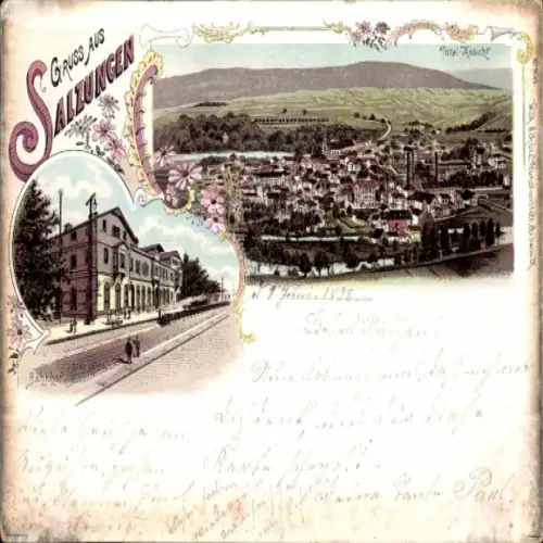 Litho Bad Salzungen in Thüringen, Gesamtansicht, Bahnhof Gleisseite