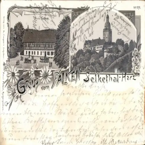 Litho Falkenstein im Harz, Selketal, Burg Falkenstein, Gasthaus Zum Falken