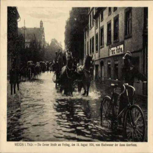 Ak Weida in Thüringen, Hochwasser der Auma 1924, Geraer Straße, Geschäftshaus Franz Rothe, Kutsche