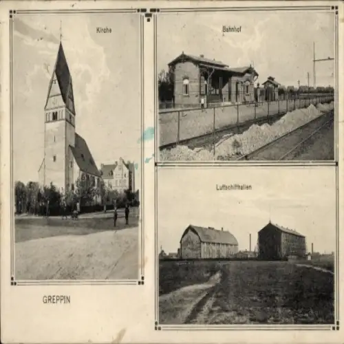 Ak Greppin Bitterfeld Wolfen Sachsen Anhalt, Kirche, Bahnhof, Luftschiffhallen