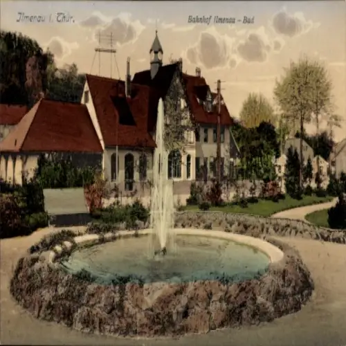 Ak Ilmenau in Thüringen, Bahnhof, Springbrunnen