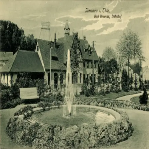 Ak Ilmenau in Thüringen, Bahnhof, Springbrunnen